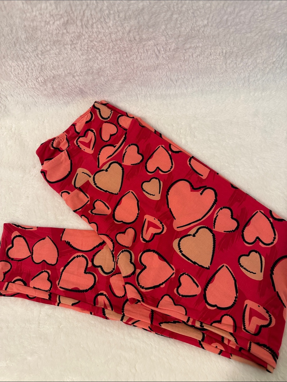 LuLaRoe Red Leggings with Pink Heart Print